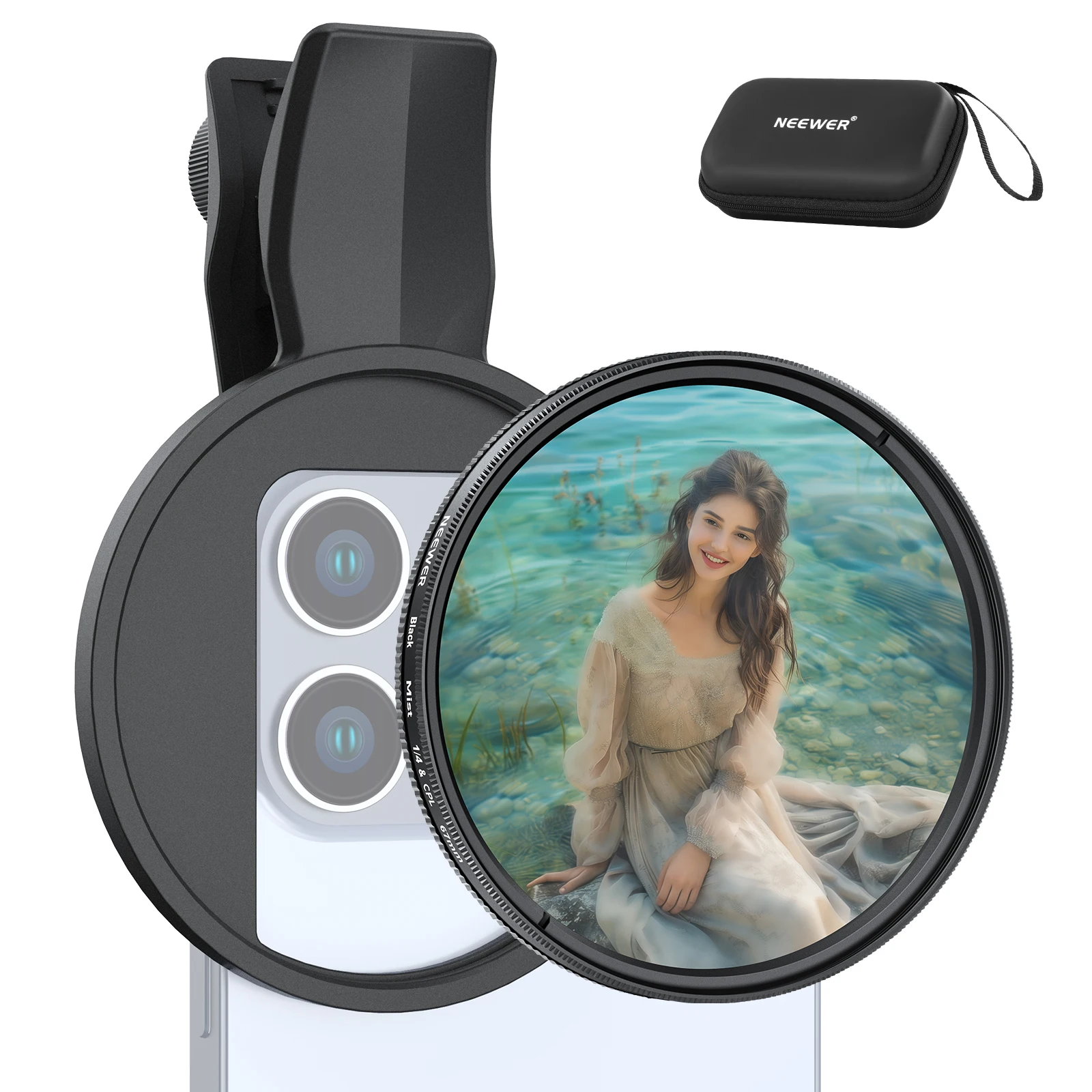 

NEEWER 2 in 1 67mm Clip On CPL & Black Mist Diffusion 1/4 Filter Compatible with iPhone 16 15 Pro Max Plus 16e 14 13 Mini 12