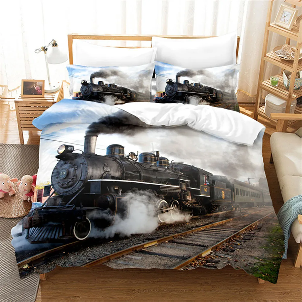 3D Steam Engine Train Duvet Cover Locomotive Train on Steel Railway Track Travel Adventure Graphic Quilt Cover with Pillowcases