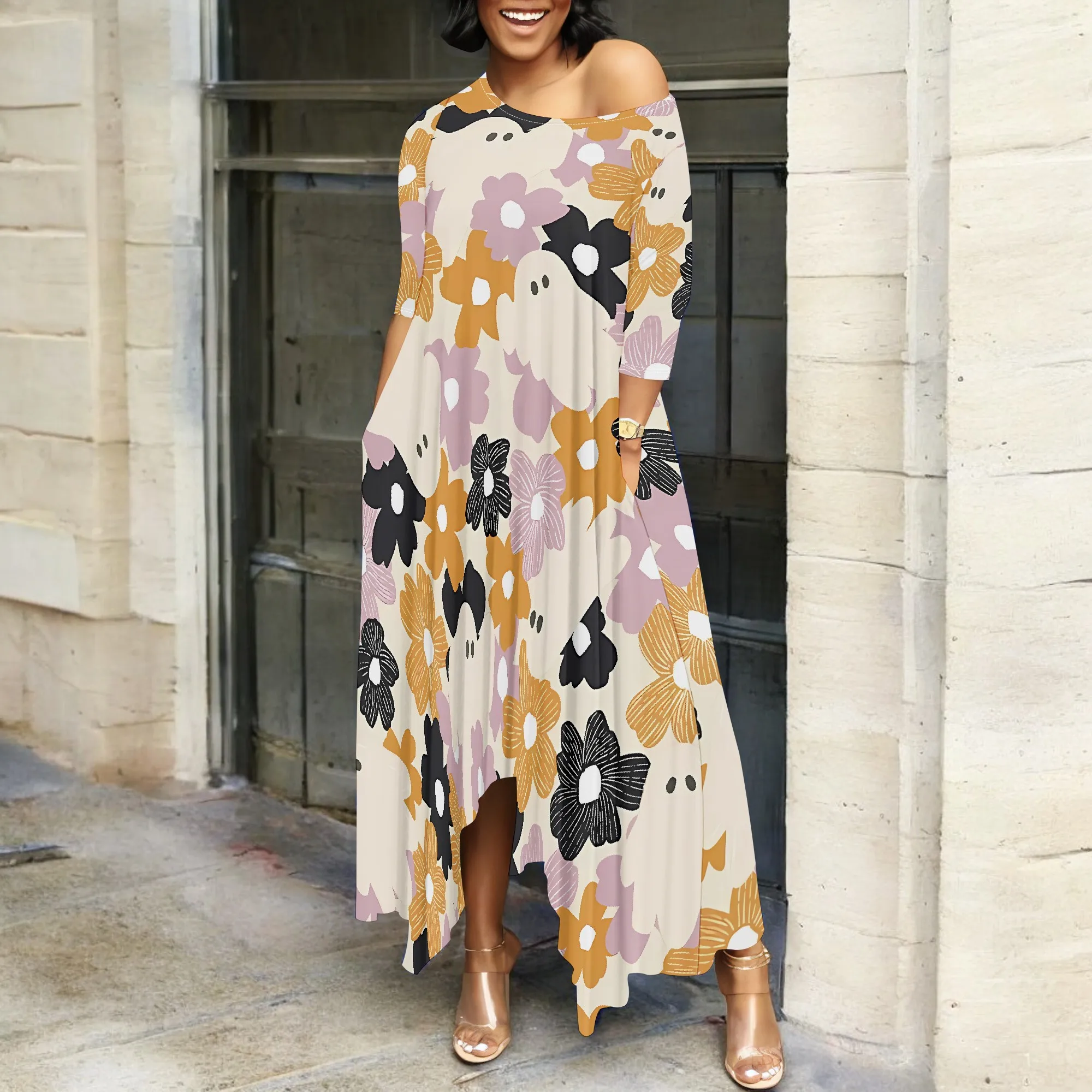 Nupusa Floral Print Dress for Women Standard Size Summer Casual Off - Shoulder Half Sleeve Maxi Dress