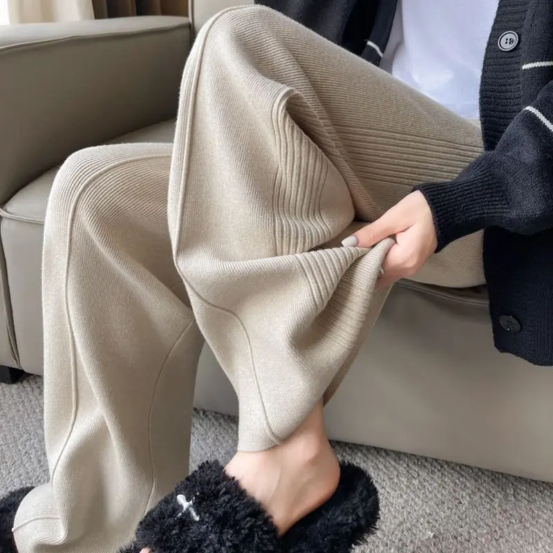 Autumn and Winter Side Pit Strip Pressed Knitted Casual Pants for Women New Narrow Version Wide-leg Floor Trousers