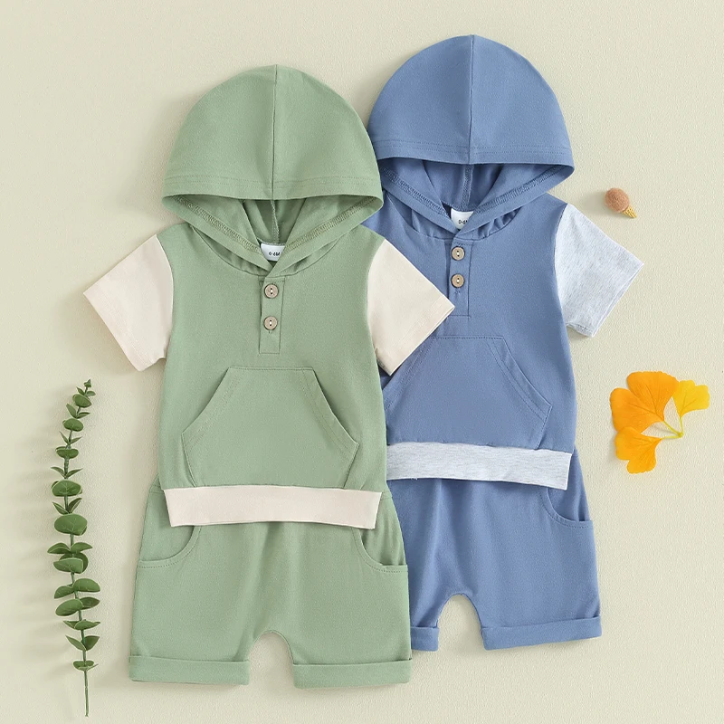 

Toddler Summer Clothes Set Solid Contrast Color Baby Boys Short Sleeve Hoodies Tops with Elastic Waist Shorts Casual Outfits