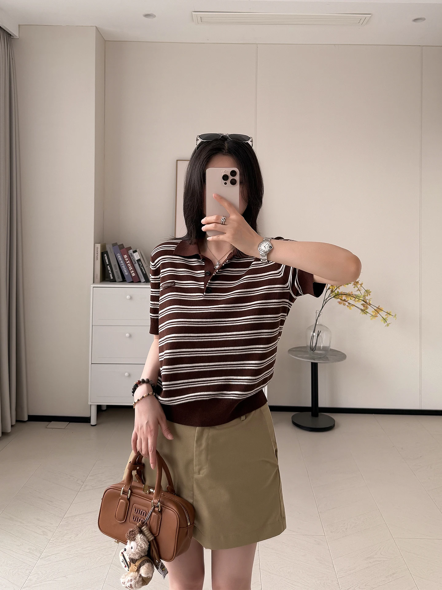 

Женская трикотажная футболка с отложным воротником, в полоску, из смесового хлопка, повседневная, от китайского бренда, модный топ