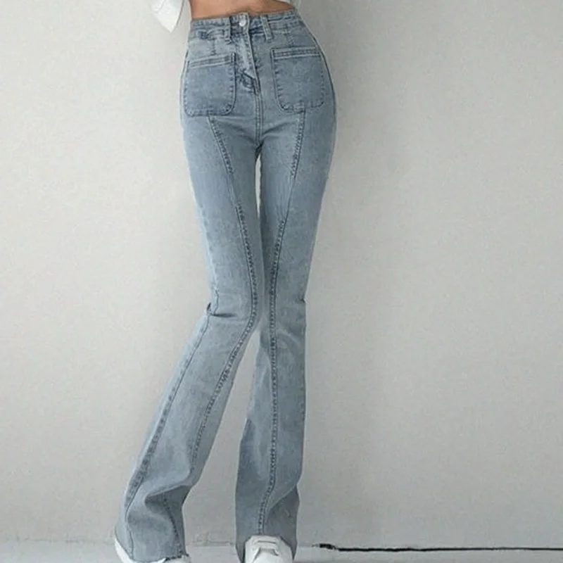 Womens Jeans with Pockets Trousers Flare Woman Pants Slim Fit Skinny Blue Bell Bottom Flared Korean Style Wide Leg Spring New In