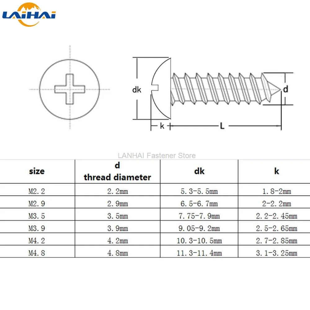 10/50pcs M2.2 M2.9 M3.5 M3.9 M4.2 M4.8 Black 304 Stainless Steel Cross Phillips Large Round Truss Head Self Tapping Wood Screw