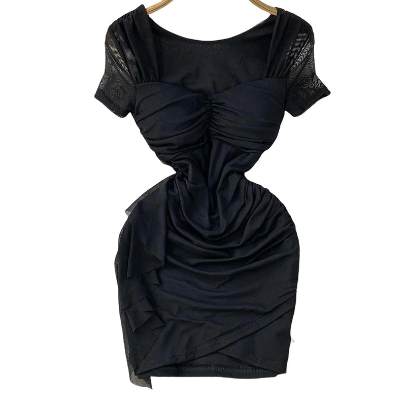 Französisch Stil Unregelmäßigkeit Kleid Für Frauen Sommer Sexy Quadrat Kragen Kurzarm Dünne Wrap Hüften Tüll Splice Mini Kleider