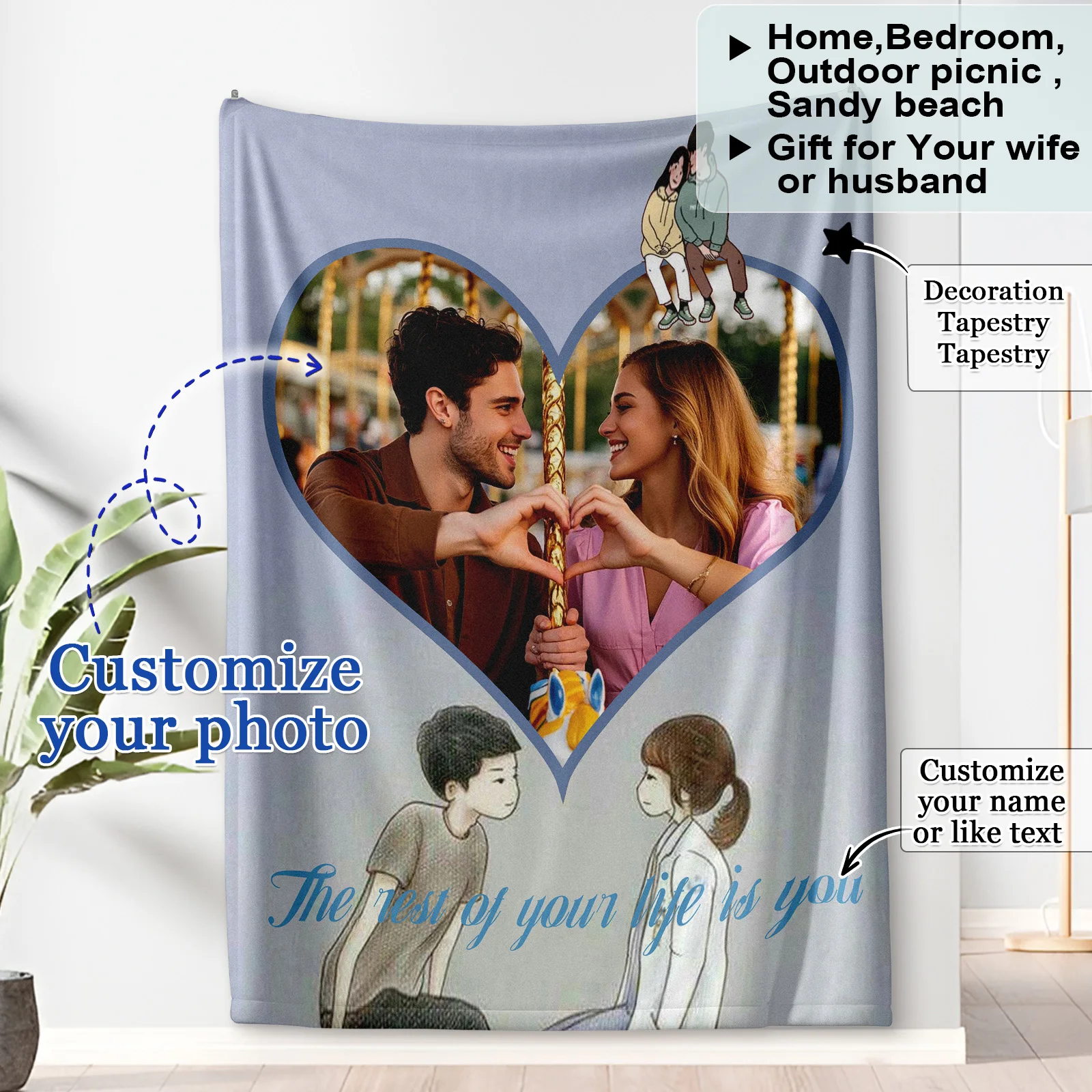 

Gradient Love Blanket Amusement Park Couples Customized Blankets with Photo Text or Name for Your Wife Husband Girlfriend Spouse