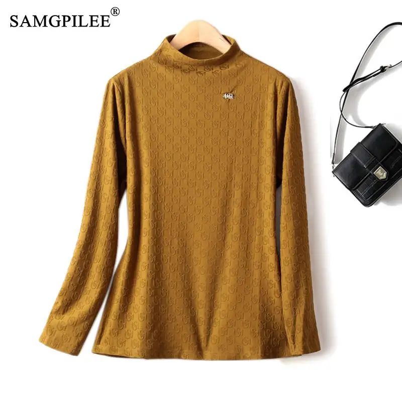 

Top Women 2023 Spring Mid Thick Brushed Letter Jacquard Half High Collar Elastic Slim Bottoming Shirt Women's Oversized T-shirts