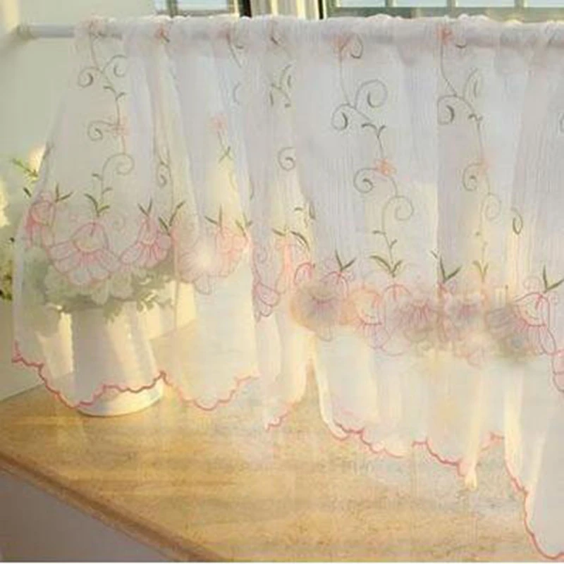 Double fresh embroidered coffee curtain small half curtain kitchen curtain cabinet door lintel through rod curtain