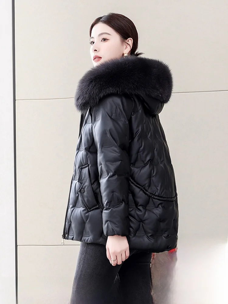 리얼 퍼 칼라 짧은 양가죽 자켓 여성용 겨울 코트 후드 지퍼 클로저 통근용 루즈핏