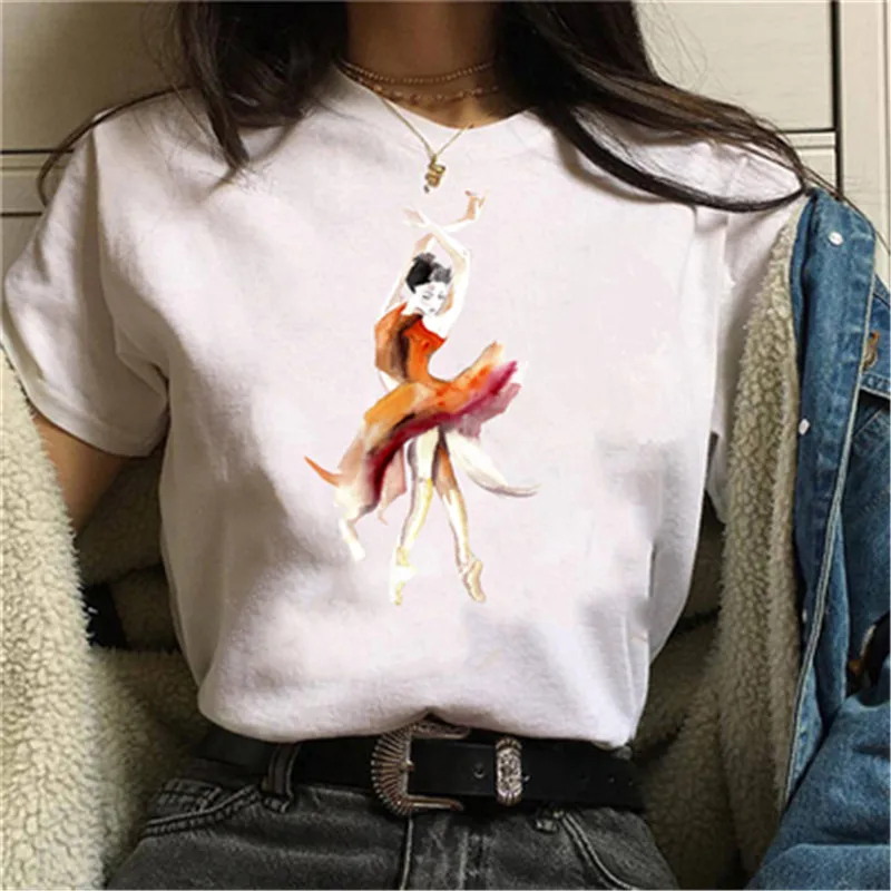 Maycaur New Ballet Printed T Shirt Harajuku Women T Shirt Cartoon Graphic Tops Tees White Ladies T-shirt Casual Woman Shirt