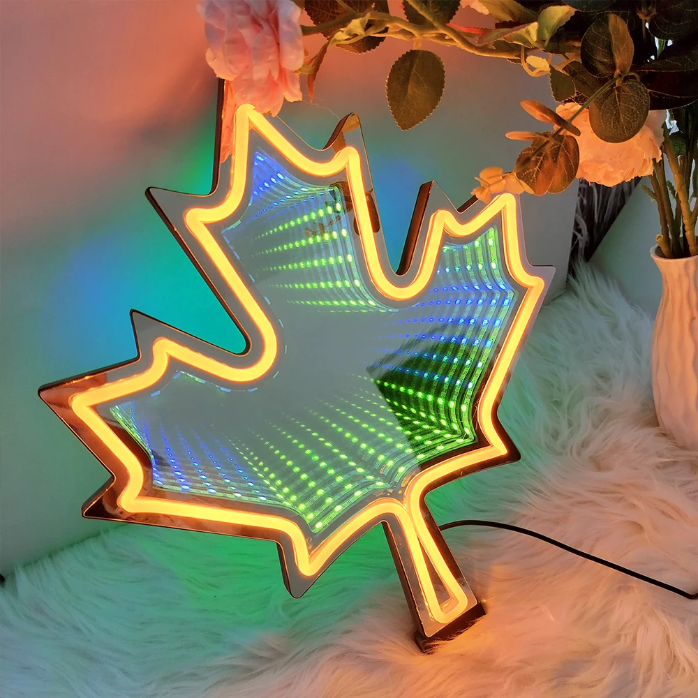 

Double side Mirror Maple Leaves Neon Sign, Color-changing Tunnel Light with Neon Leave Perfect for Home and Business Decoration