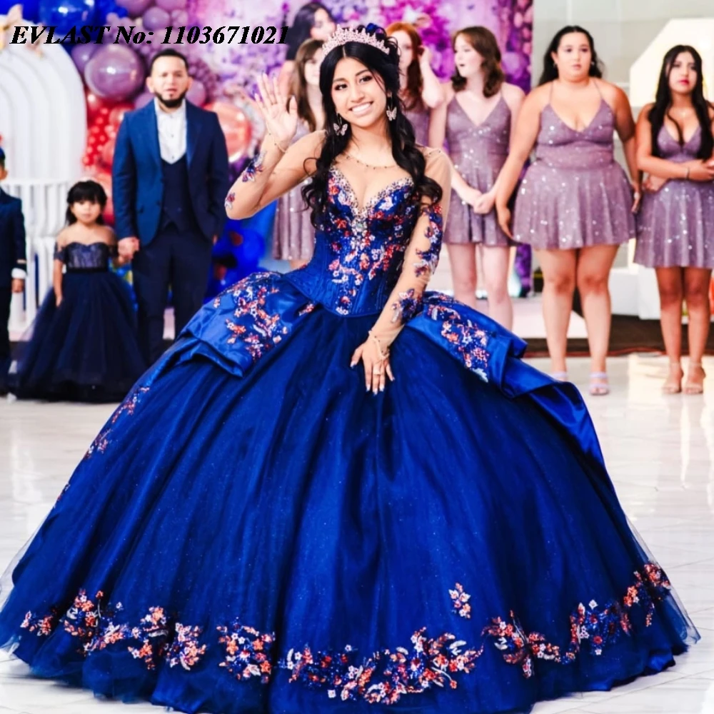 EVLAST Customized Navy Blue Quinnceanera Dress Ball Gown Applique Beading Mexican Corset Sweet 16 Vestidos De 15 Anos SQ499