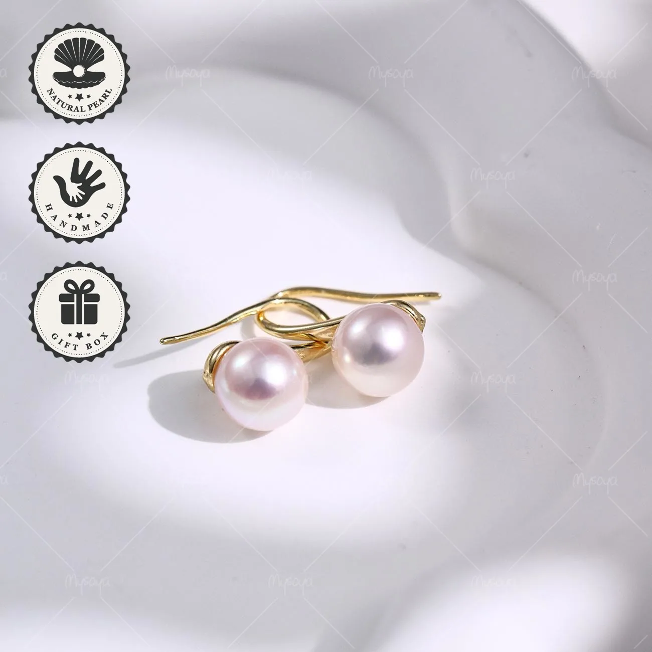 

Серьги-гвоздики Mysoya с японским жемчугом Акойя, 7,5–8 мм, S925, золотистые, в подарочной коробке, подарок на День святого Валентина или день рождения для нее