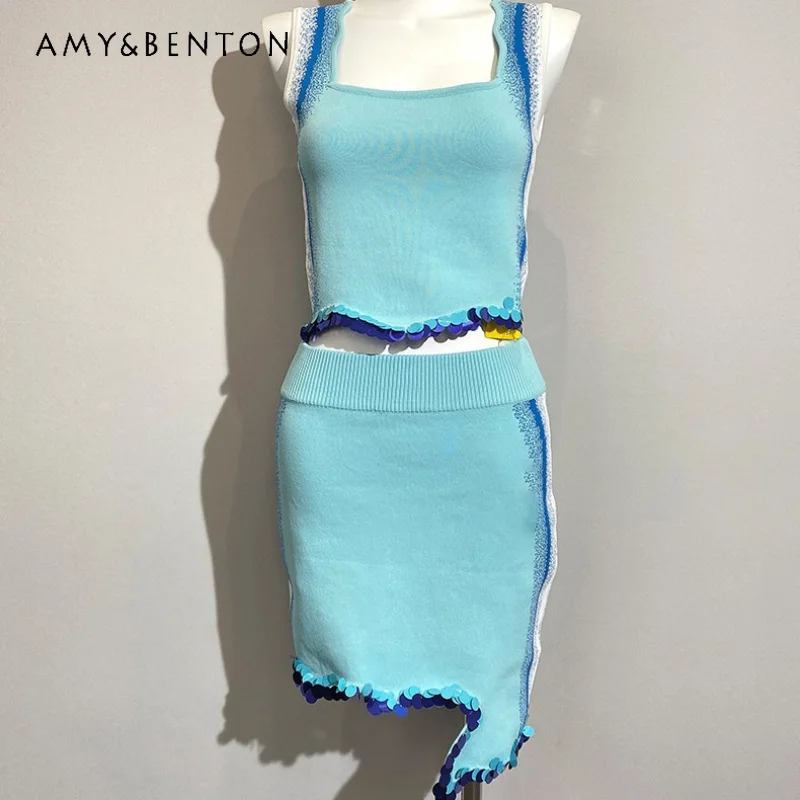 

2026 Summer New Blue U-neck Knitted Women's Sling Vest Temperament Fashion Sequined Irregular Elasticity Hip Skirts Suits Ladies