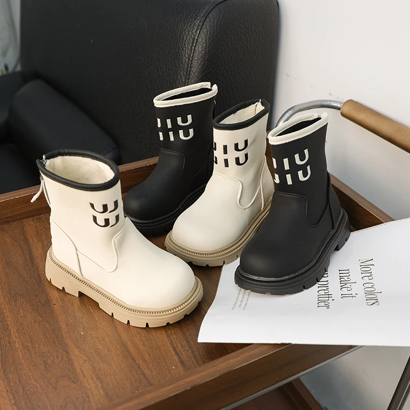 Autumn Winter Girls High-top Boots Boys Fashion Back Zip Closure Boots Children Warm Cotton Shoes With Velvet