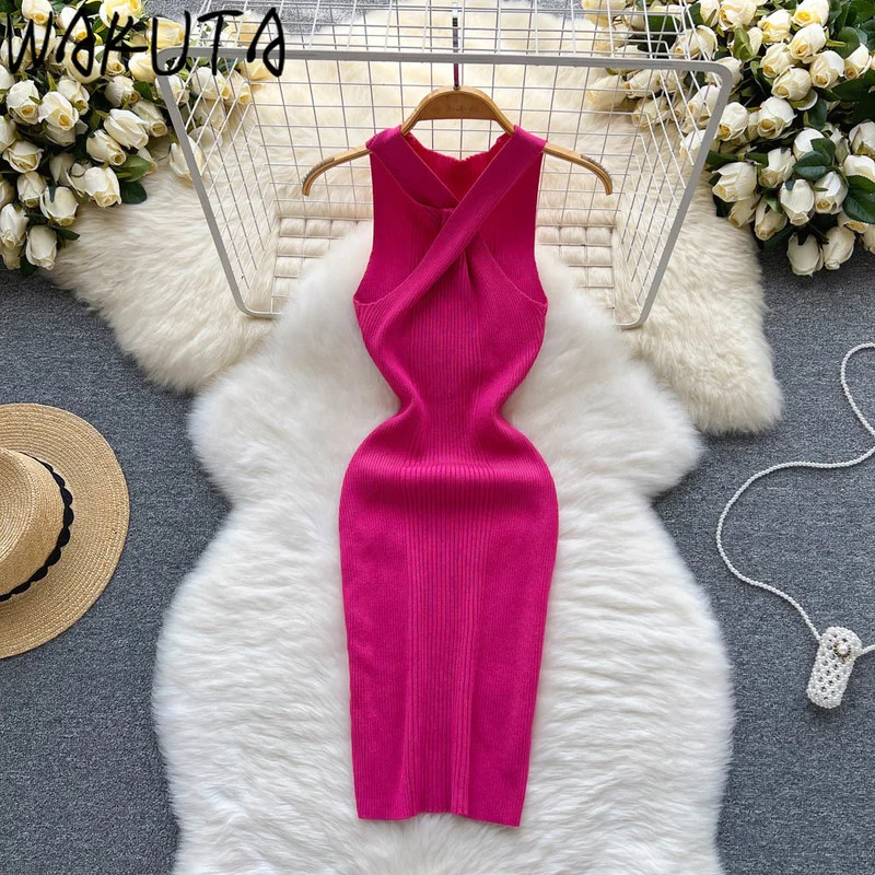 

WAKUTA Slim Sweater Dress Vintage Sexy Crossing V Neck Bodycon Sleeveless Solid Color Mini Dresses 2024 Summer Ins Vestidos