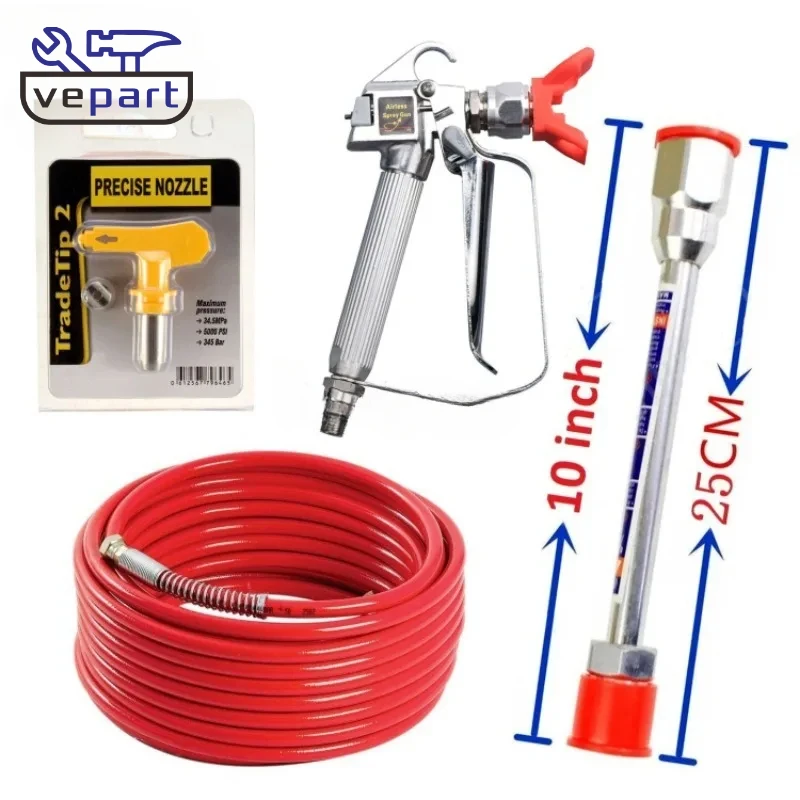 Vepart Airless Paint Spray Hose Kit Include 3600psi Airless Spray Gun，50ft Red Hose 1/4