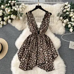 Foamlina Women Sexy Leopard Print Sleepwear Nightgown Elegant Floral Lace Trim Deep V Neck Sleeveless Elastic Waist Nightdress