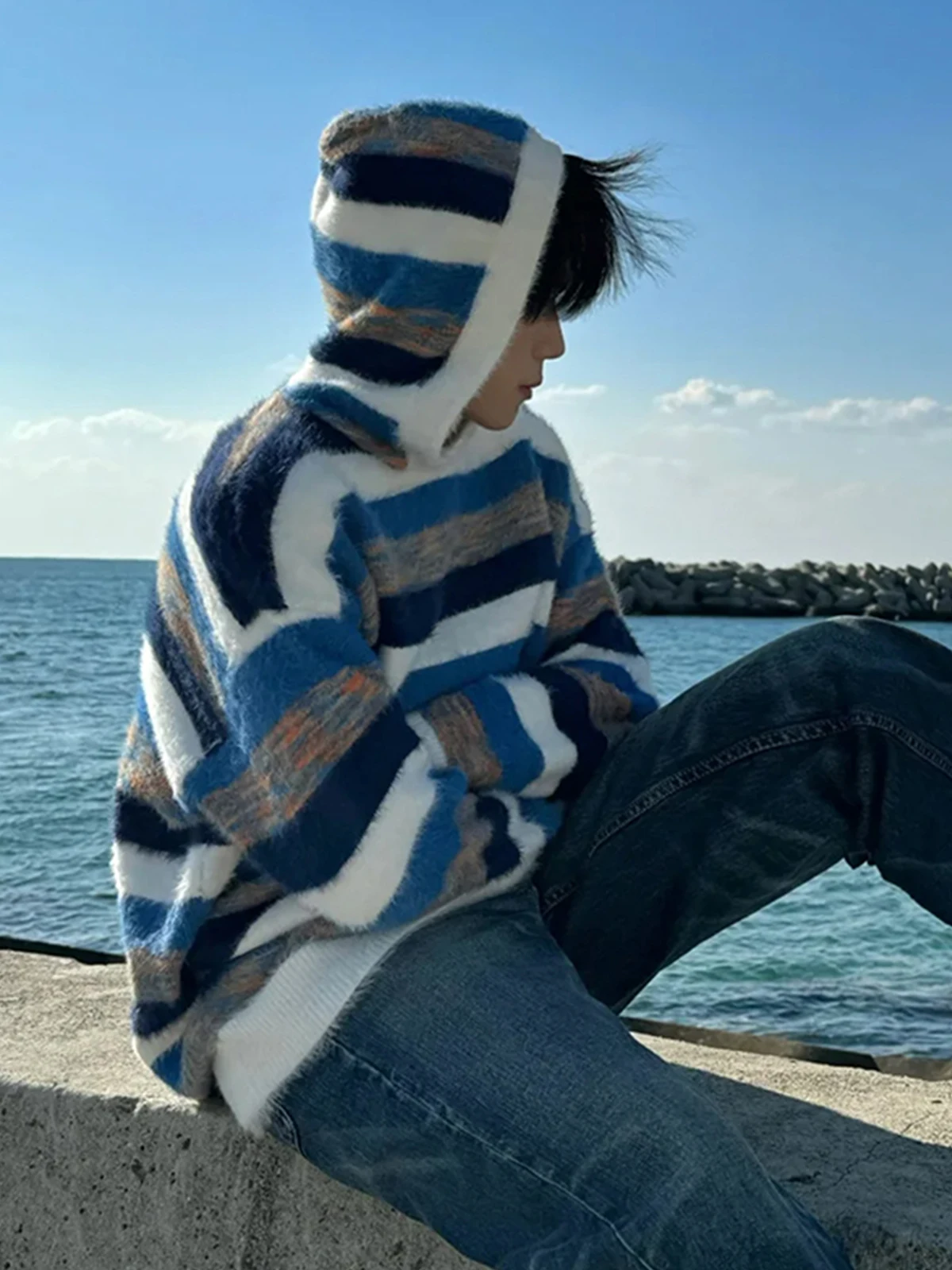 Autumn Winter American Retro Style Men's Blue and White Striped Hooded Sweater Red and White Color Block Casual Knitwear