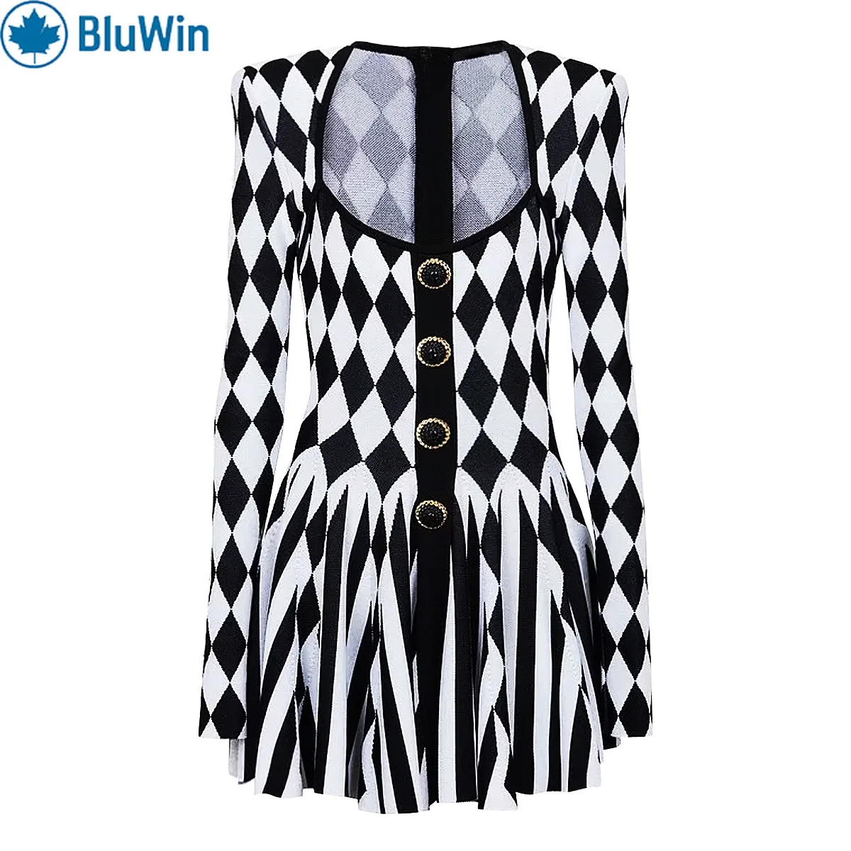 

BluWin Knit A Line Mini Dress Women Long Sleeve Crew Neck Waist Defining Slim Fit Elegant Daily Wear