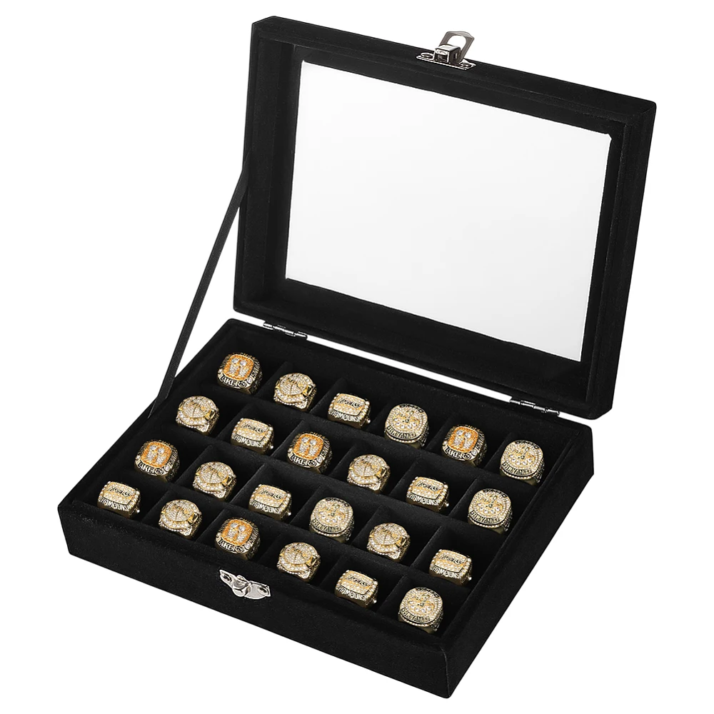 24-Slot Championship Ring Display Case Velvet Championship Ring Box with Visible Window for Multiple Black Rectangle Baseball