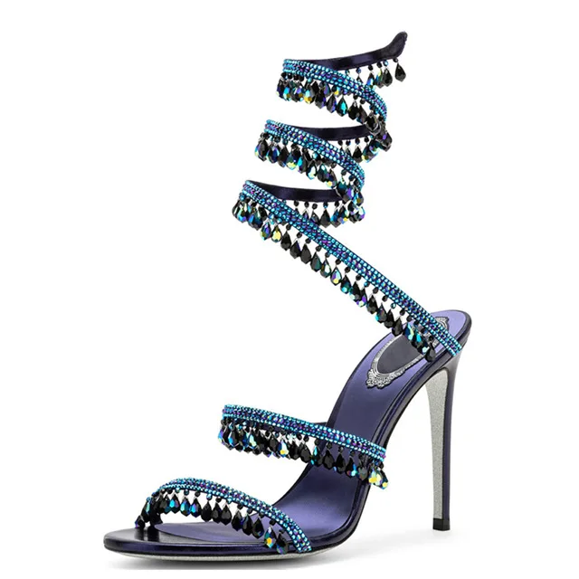 Spring Summer New Water Diamond Gemstone Ankle Wrap Snake-shaped High-heeled Sandals Sexy Plus-size Shoes for Women