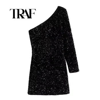 Traf Een Schouder Maxi Lange Jurken Vrouwen Sprankelende Lovertjes Backless Sexy Avondfeest Vestidos Slanke Ruches Zomerjurk