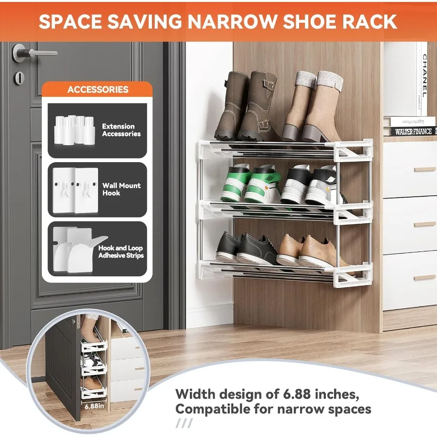 ชั้นวางรองเท้าแคบ 3 ชั้นพร้อมตะขอและห่วงแถบกาวและการออกแบบประหยัดพื้นที่บางสําหรับจัดรองเท้าติดผนังในปิด