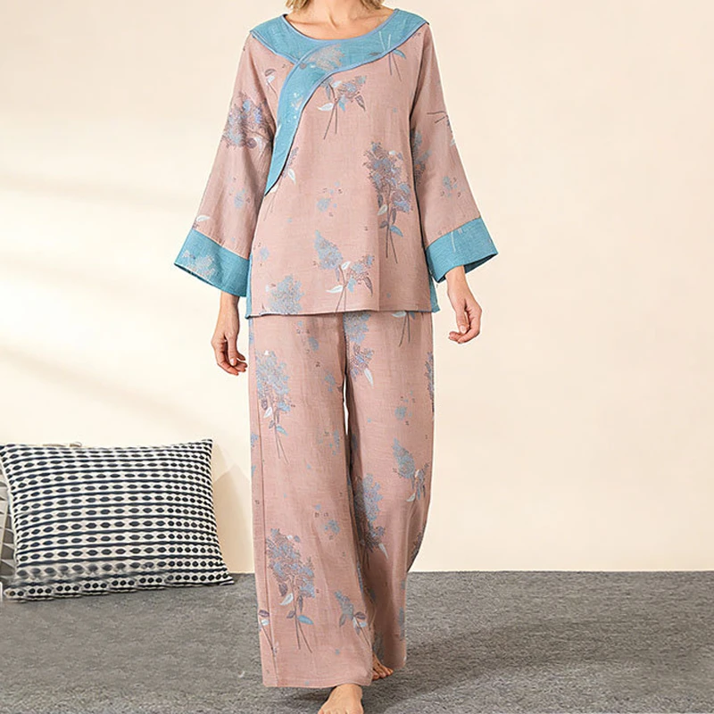 

Новинка 2026: Весенний комплект женской хлопковой пижамы с цветочным принтом в китайском стиле, очень мягкий, приятный для кожи, для дома и отдыха