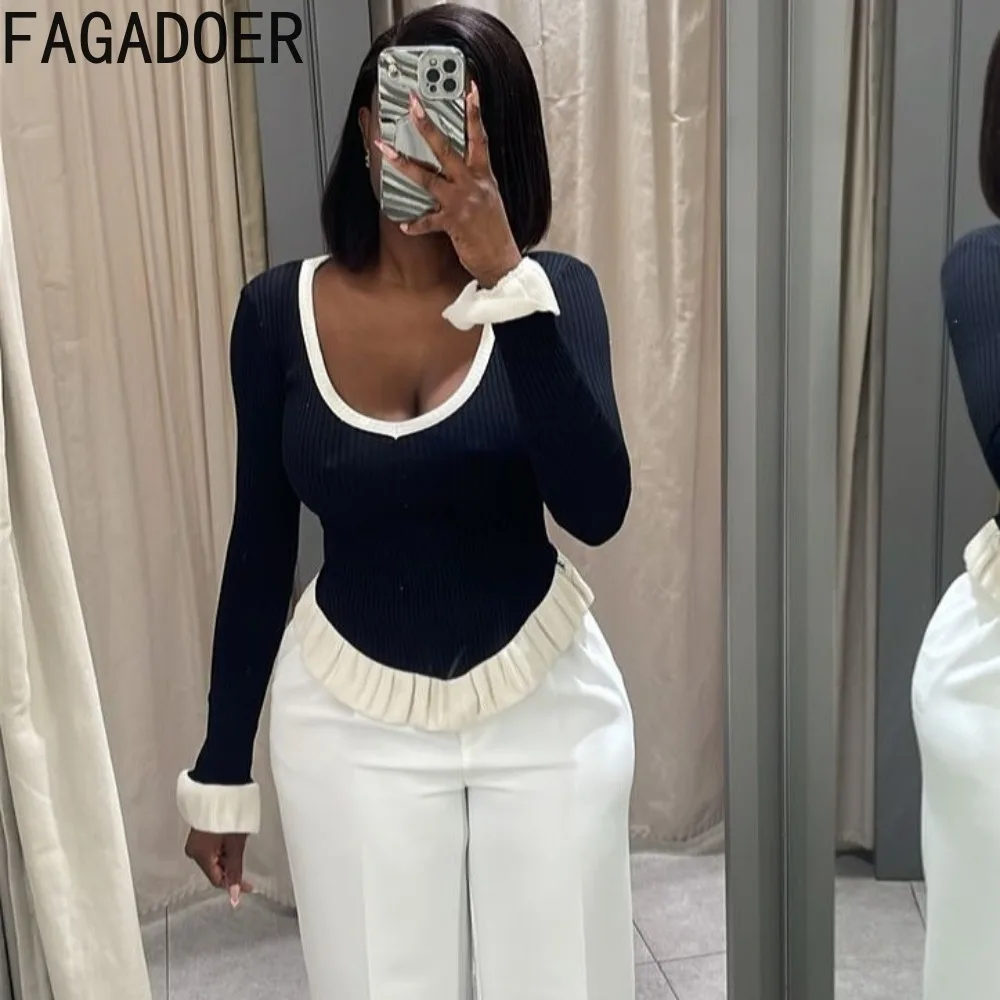 FAGADOER Fashion Color Striped Knitwear T-shirt Women Ruffle Hem Flared Sleeve Slimming Outerwear Top Female Streetwear Autumn