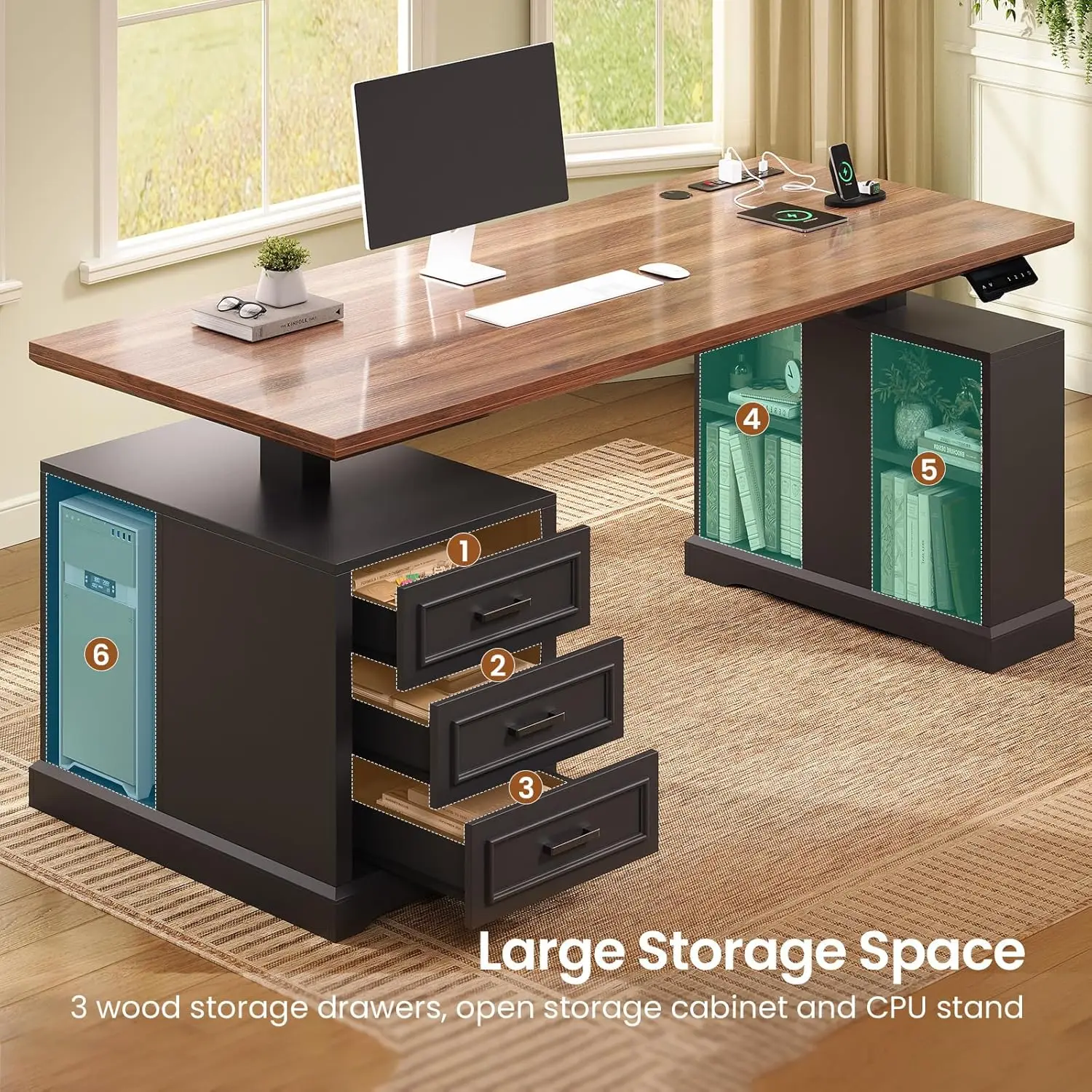 

Farmhouse Electric Standing Desk, 63" Height Adjustable Computer Desk with 3 Drawers, Storage Shelves, Power Outlets, Wood Home