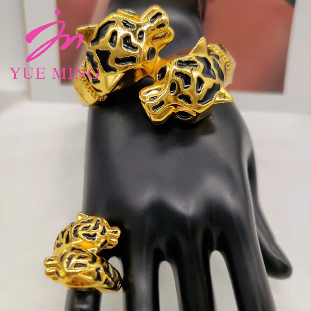 YM 2pcs Jewelry Sets For Women Dubai Gold Plated Leopard Bangles For Banquet Party Fashion Adjustable Ring Jewelry Accessories