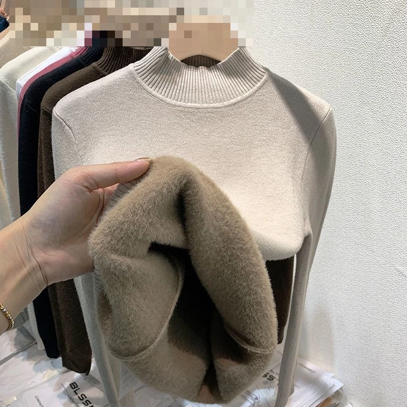 Plus Size American Retro Fleece Lined Half High Collar Sweater Women's Autumn Winter Thick Warm Shirt E11224