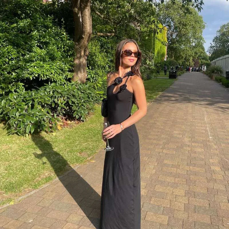 Zwarte Dames Prom Dress Sexy Band Mouwloze Zomer Schede Slim Fit Een Schouder Feestjurk 3d Bloemenrok Gewaden In Voorraad