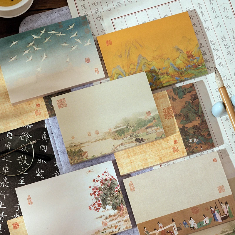 80 Pcs Picturesque Landscape Note Paper Chinese Style Famous Painting Message Non-sticky Memo Pad Hand Account Material Paper