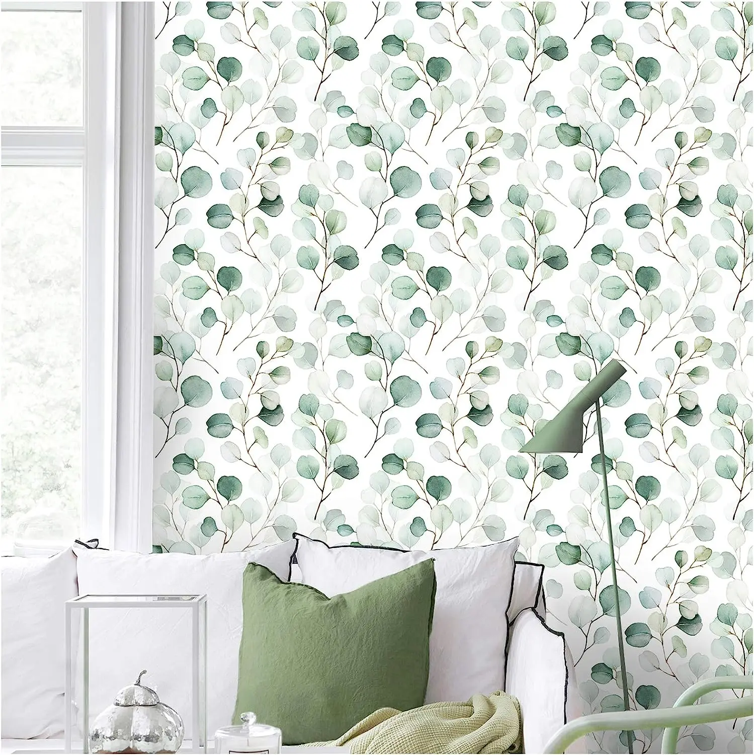 Green Leaf Peel and Stick Wallpaper Green/White Eucalyptus Leaf Self Adhesive Contact Paper Wall Mural Home Nursery Decor