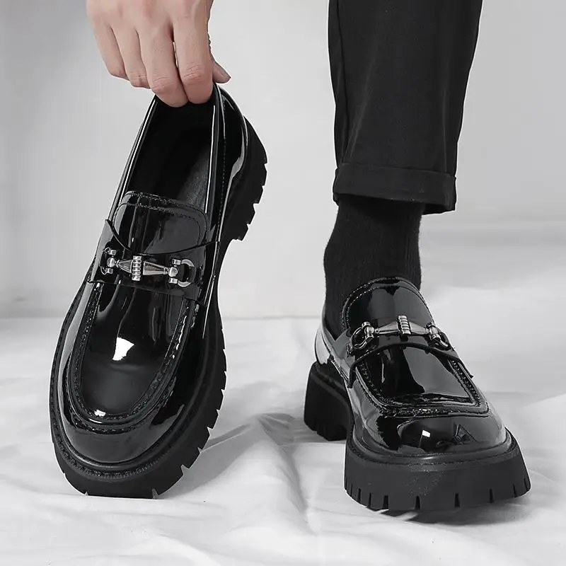 Europe Fashion Thick Sole Men's Penny Loafers Slip-On Business Dress Shoes Gentleman Glossy Buckle Formal Party Black Shoes38-46