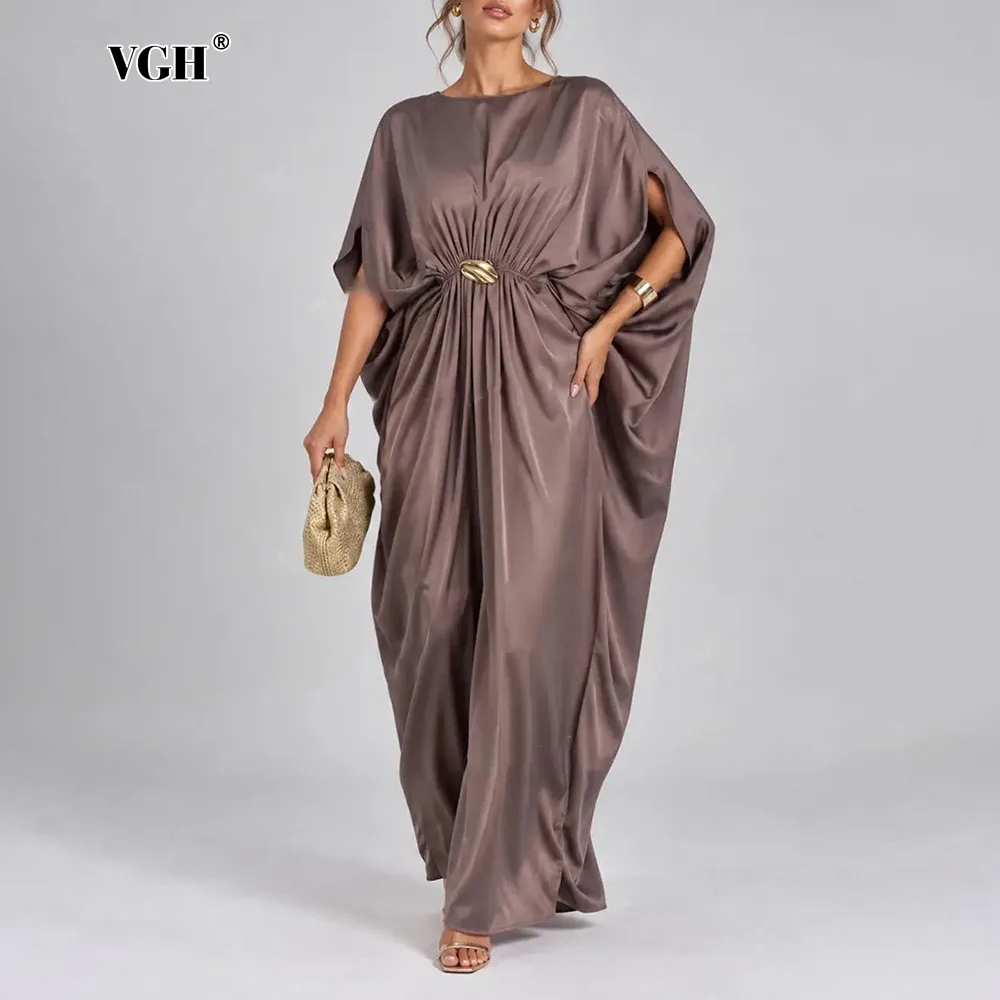 VGH Elegant Satin Kaftan Maxi Dress for Women Round Neck Batwing Sleeve Waist Gathered Metal Buckle Loose Long for Party Evening