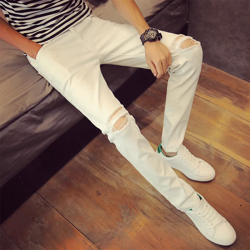 

Fashion 2022 Summer Denim Teenagers Ripped Hole Knee Jeans Men Cowboy Leg Black Slim Fit Pencil Street City Beggar Trousers