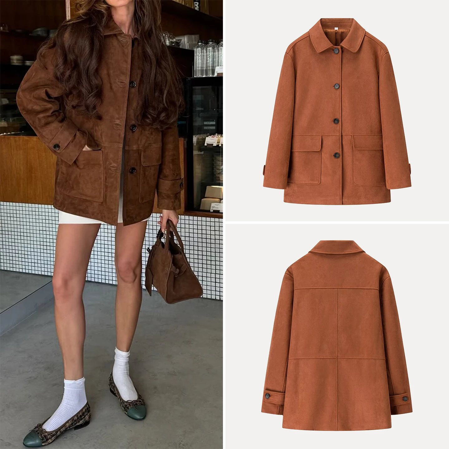 

Ele Casual Pure Color Velvet Jaet с лацканами из кожи оленя, женское длинное пальто-стойка на пуговицах для осени