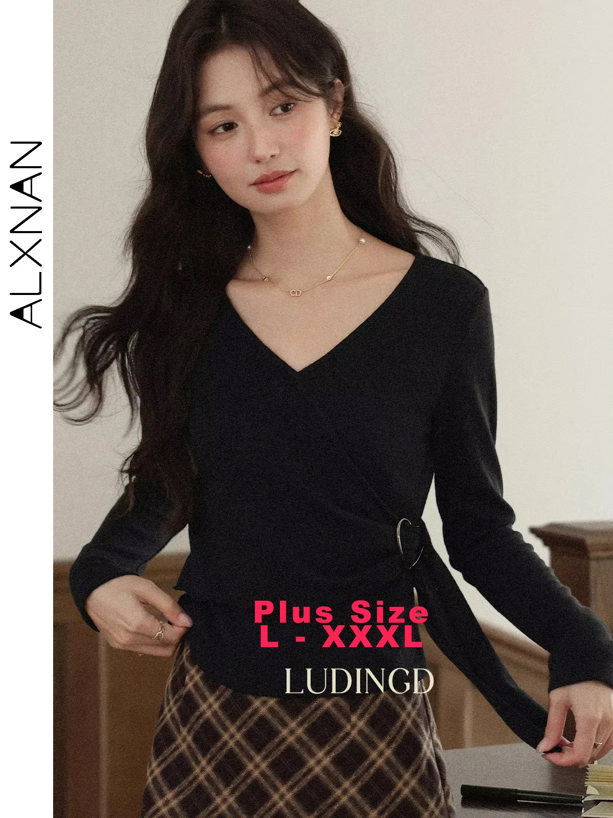 

ALXNAN черная футболка больших размеров с v-образным вырезом, женские футболки с длинным рукавом и облегающей талией, осенние офисные женские корейские популярные футболки D12956