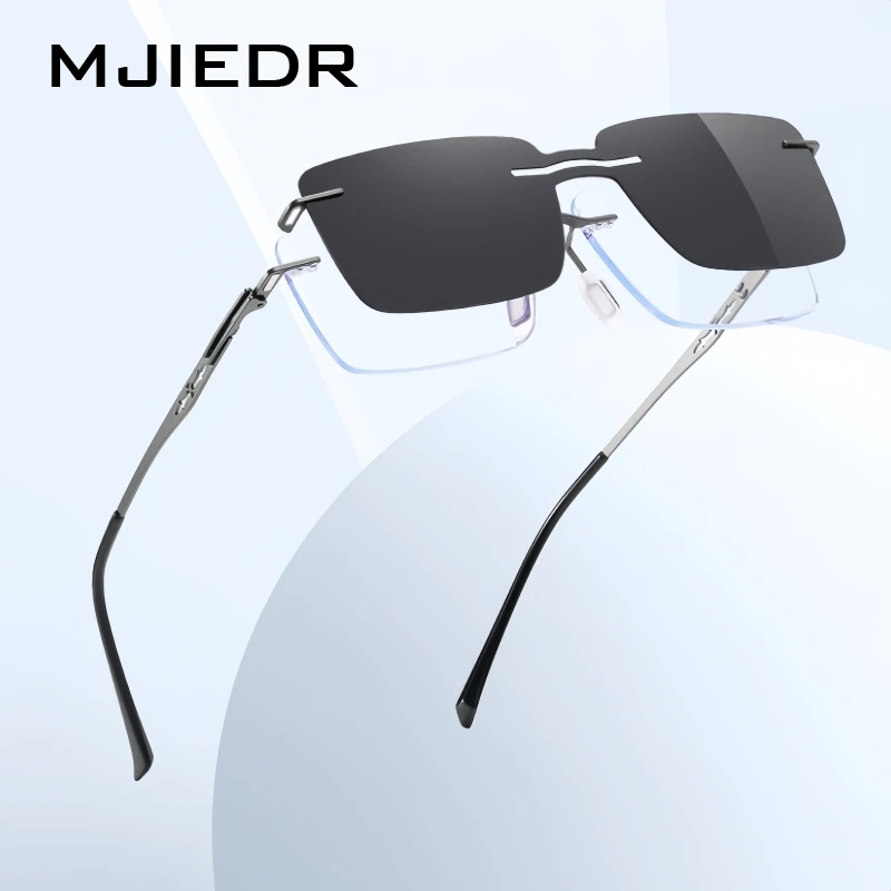 

MJIEDR Business Rimless Glasses Men's Magnetic Clip-on Glasses UV Protection Fashion Optical Prescription Eyeglasses Frame 7202