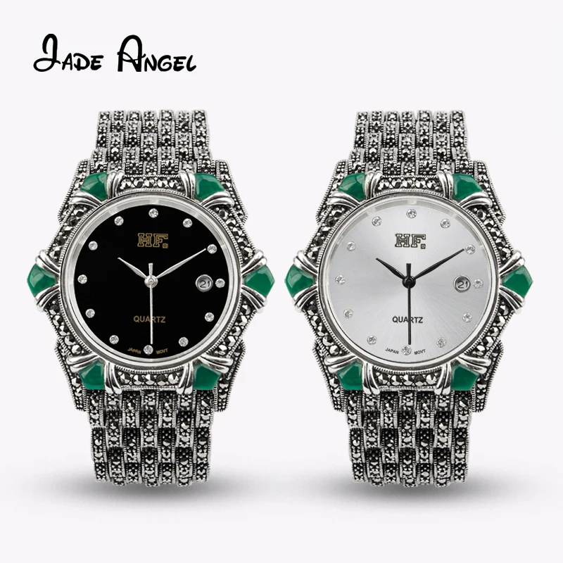 JADE ANGEL 925 Sterling Silver Inlaid Green Onyx Bracelet Ladies Vintage Watch Bracelet High Jewelry