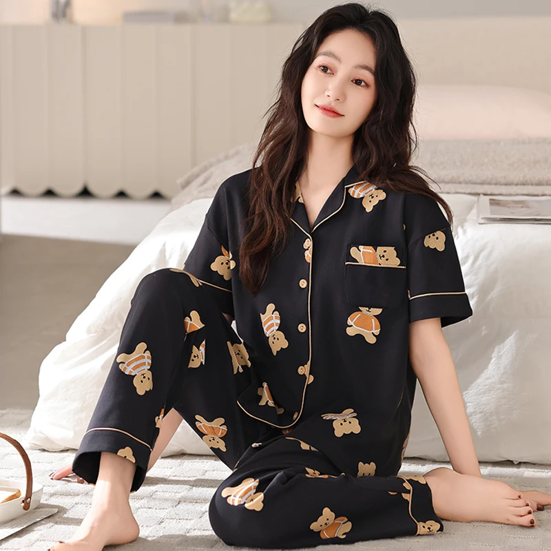 

Big Size M-5XL Summer Women 100% Cotton Sleepwear Women Short Top+Long Pants Pajamas Set