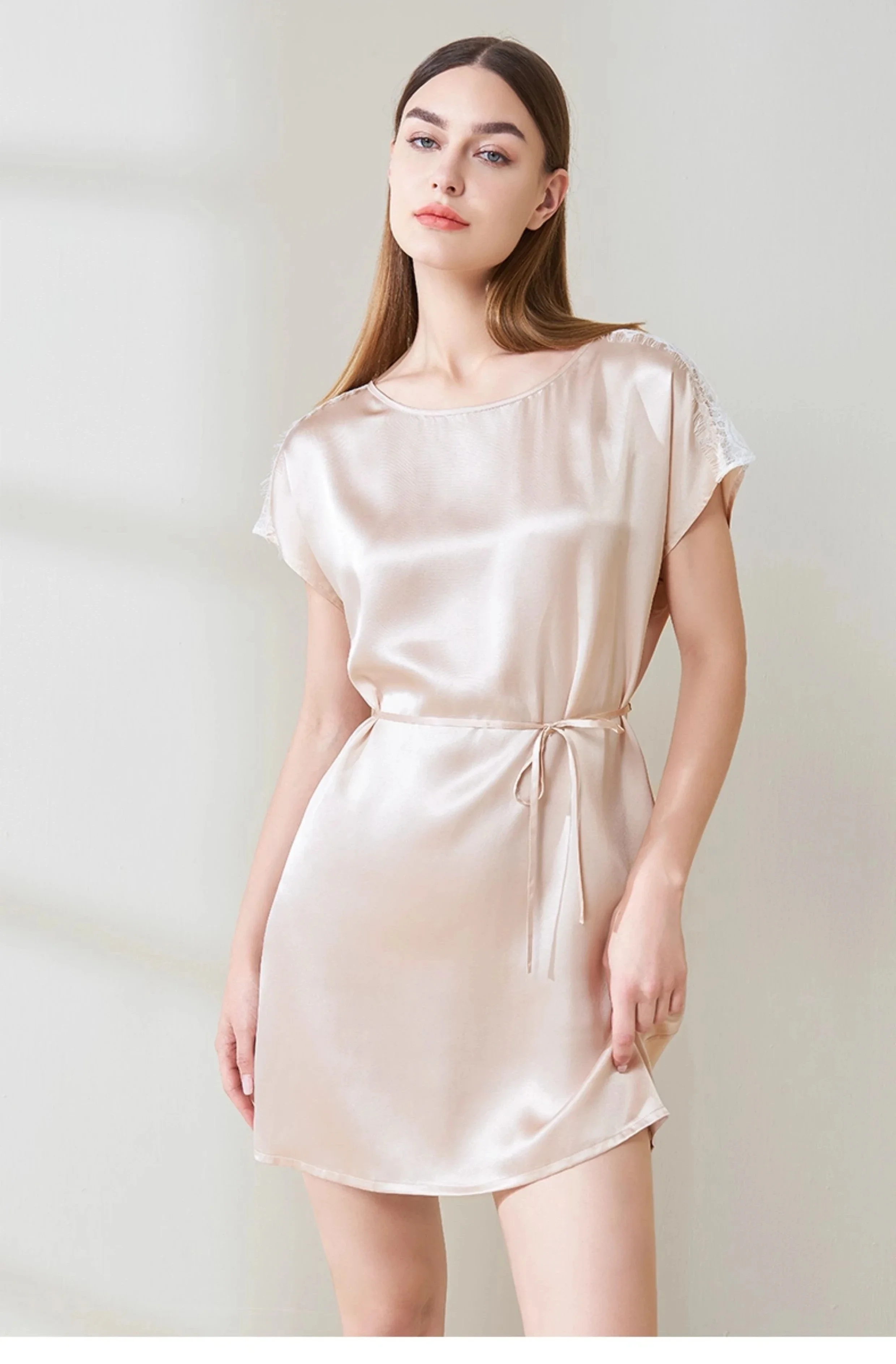 

19 Momme Silk & Lace Chemise 100% Mulberry Silk Round Neck Nightshirt Sleepdress Cozy Loungewear Short Nightdress Loose Pajama