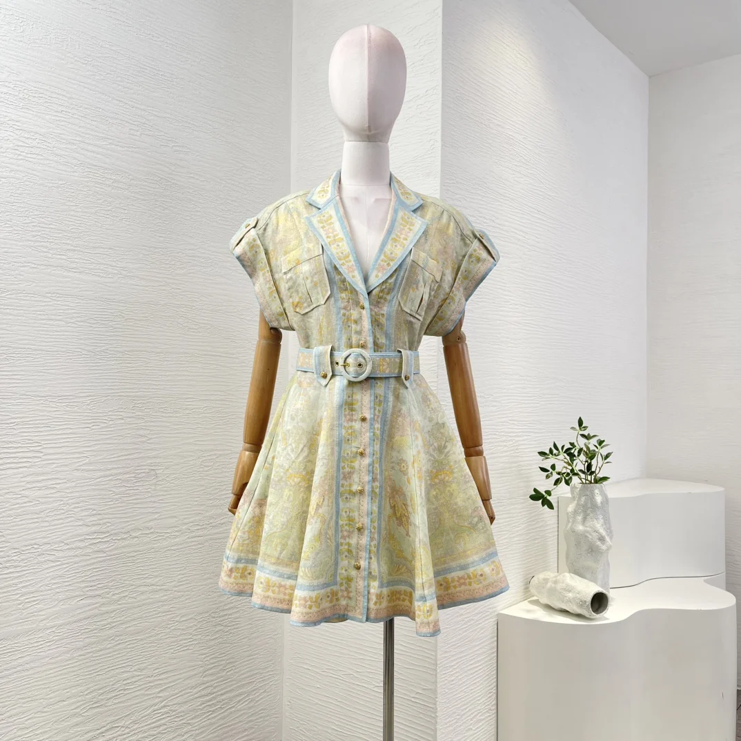 Pure Linen New High Quality Light Green Floral Print Short Sleeve Women Belted Holiday Mini Dress