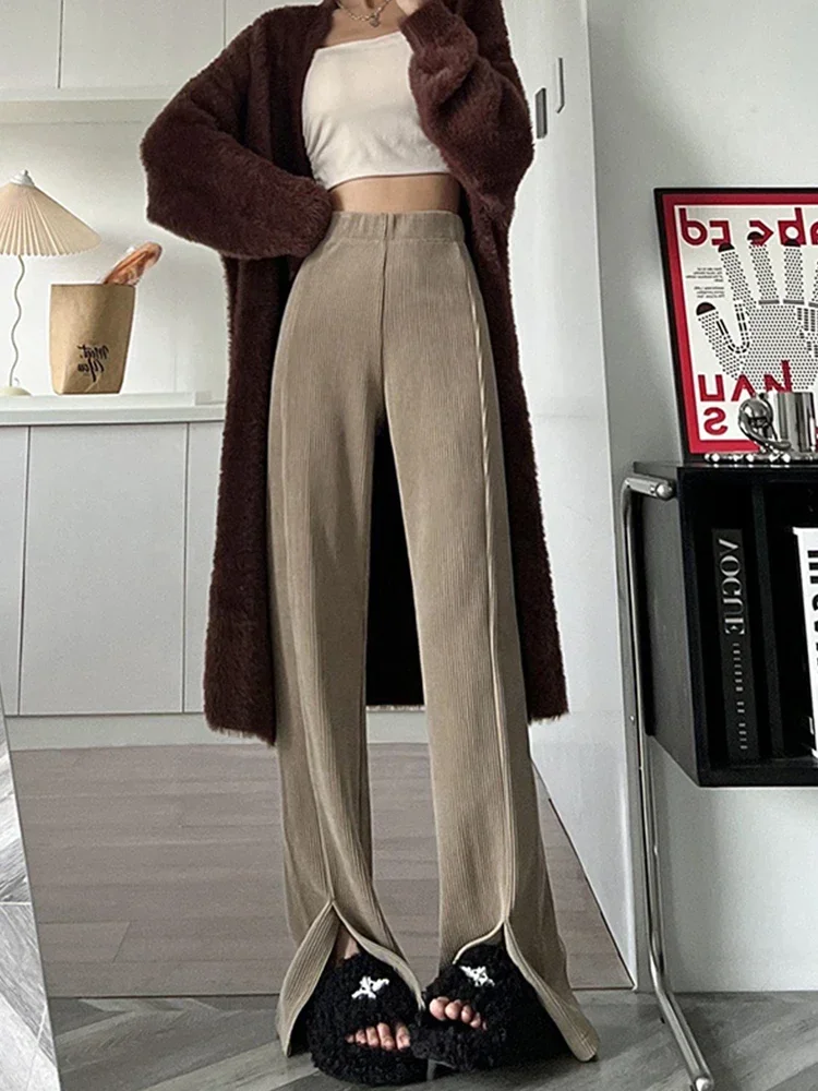 

Fashion Chiffon Thickening Women Pants High Waist Fall Warm Korean Loose Straight Trousers Casual Buttons Pockets Pants F132