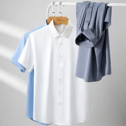 2026 Summer Short Sleeve High Density Silky Material Solid Elastic Business Men Dress Shirts No Pocket Stretch Clothes
