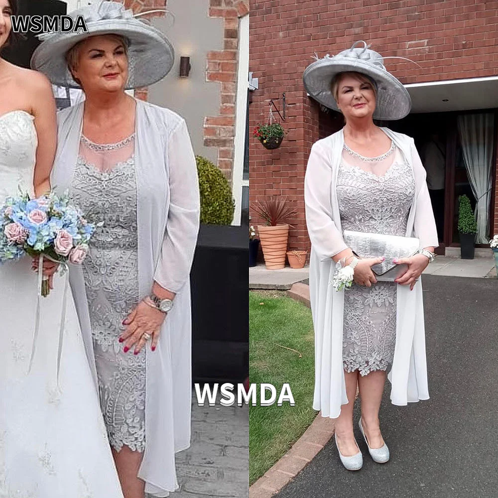 Two Pieces Elegant Mother of The Bridal Dress Lace Mother In Law Dresses with Coat Silver Dress Plus Size