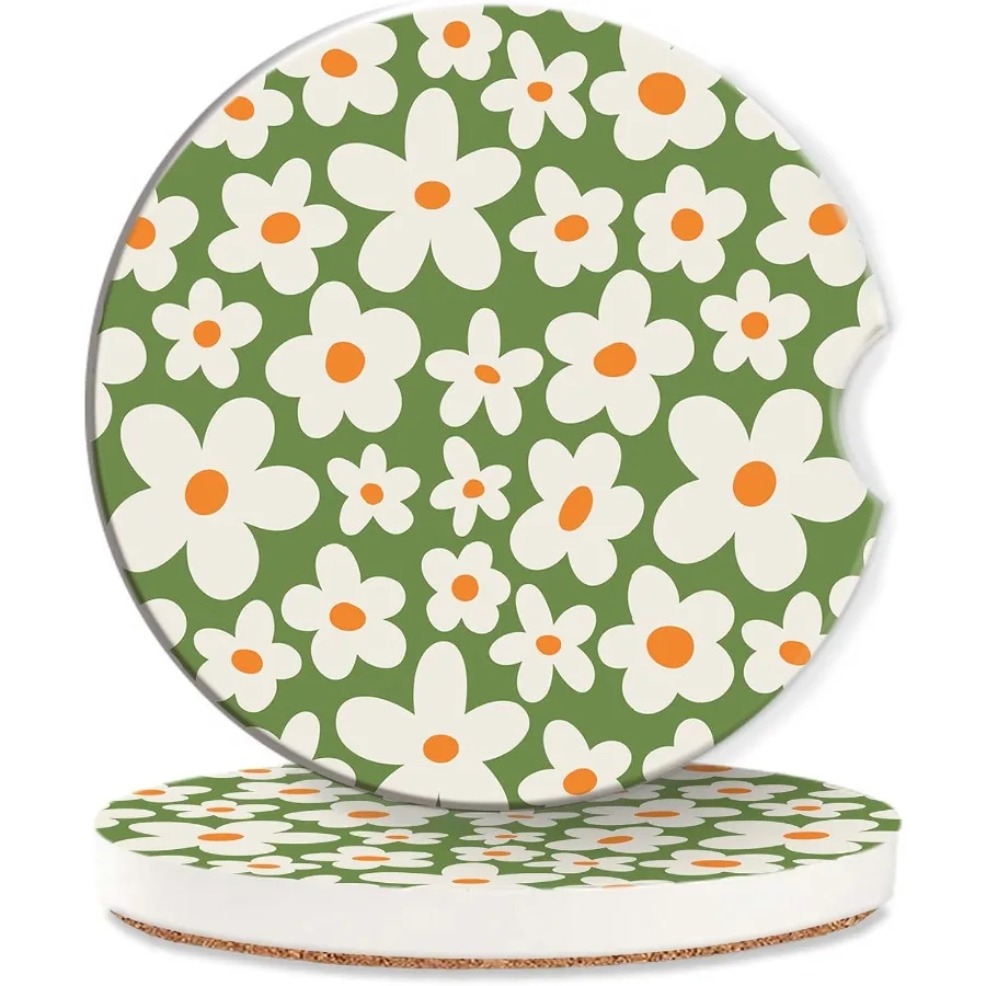 

Car Coasters Retro Groovy FlowersBoho 60s Daisy Cute Cup Holder Coasters 2 Pack Anti Slip Ceramic Car Cup Holder Accessories wi